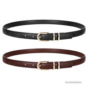 Women's Skinny Faux Leather Belts 2-Pack Gold Buckle Thin Waist 23-46 Inches